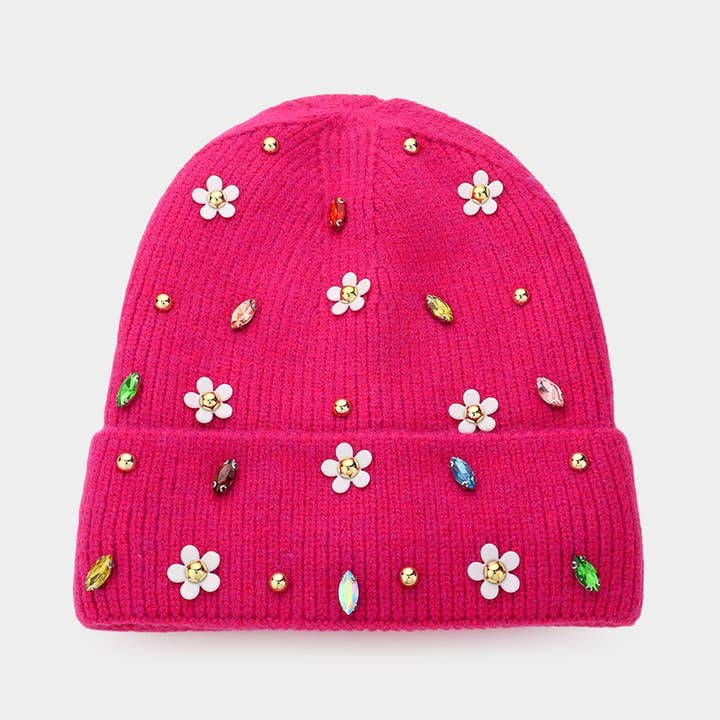 Wona Trading, Inc. - Wholesale Beanie - Women's - Fleece Lining Daisy Flower Stone Solid Knit Beanie Hat