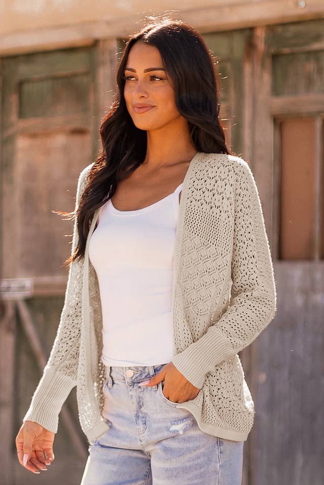 fashionworks - Wholesale Cardigan - Women's - Fashion-W Mix Pattern Hollowed Knit Open Front Cardigan