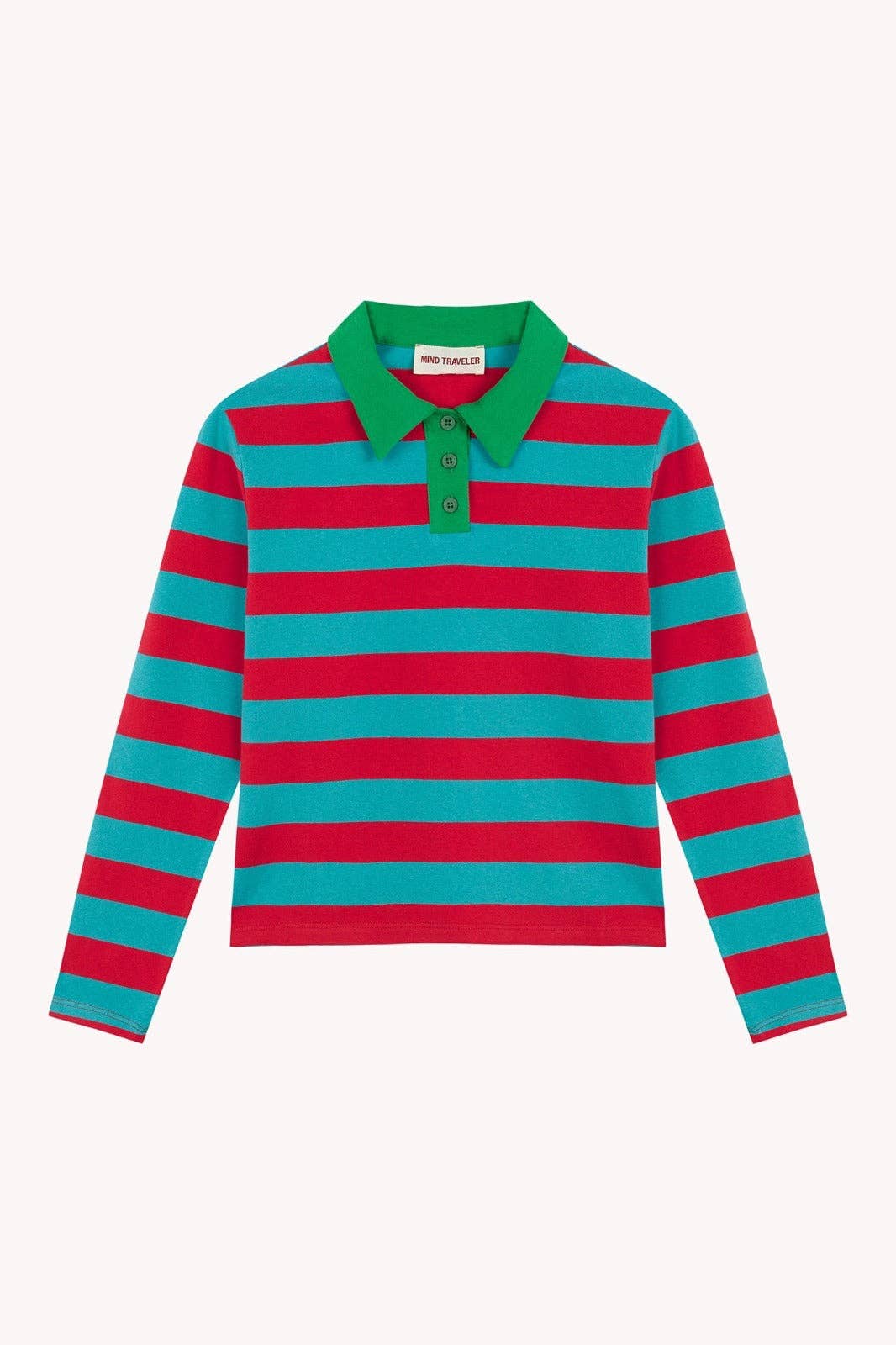 MindTraveler – Großhandel Poloshirt – Damen – Rotes und aquamarin gestreiftes Polo mit grünem Kragen0