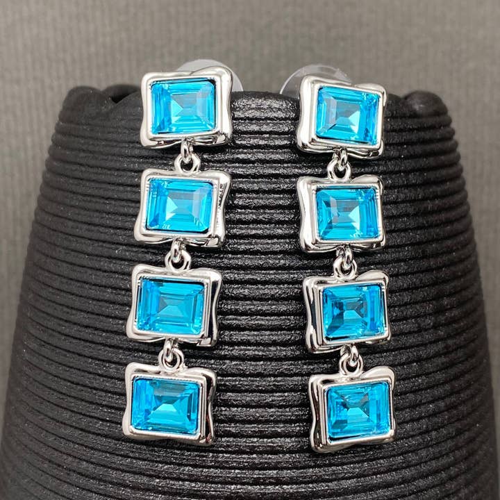 Blue Zircon Inlaid Square Fringe Earrings for wholesale by Mio Queena