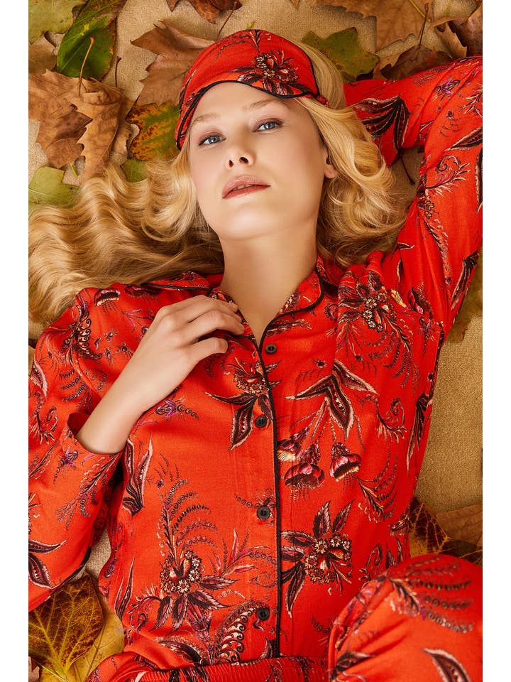 ENNA MODA – wholesale Sleepwear set – Women's – CORAL RED FLORAL DESIGN FRONT BUTTONED LONG PYJAMA SET3