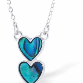 Paua Shell Double Heart Drop Necklace, Rhodium Plated for wholesale by Byzantium Collection Ltd