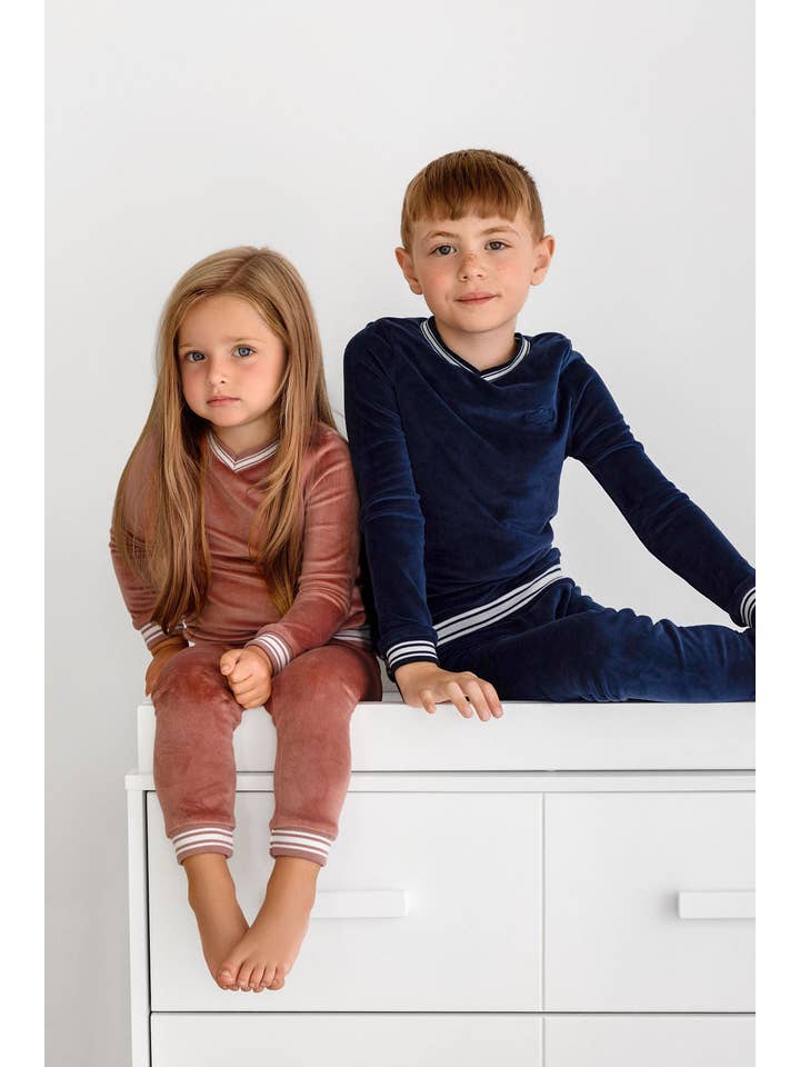 Pouf - Wholesale Sleepwear Set - Kids - Velour Varsity PJ- Dusty Rose