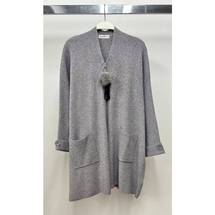 FLUFFY TASSEL FRONT ZIPPER RELAXED FIT CARDIGAN(YM3309-CHAR) for wholesale by VENTI6