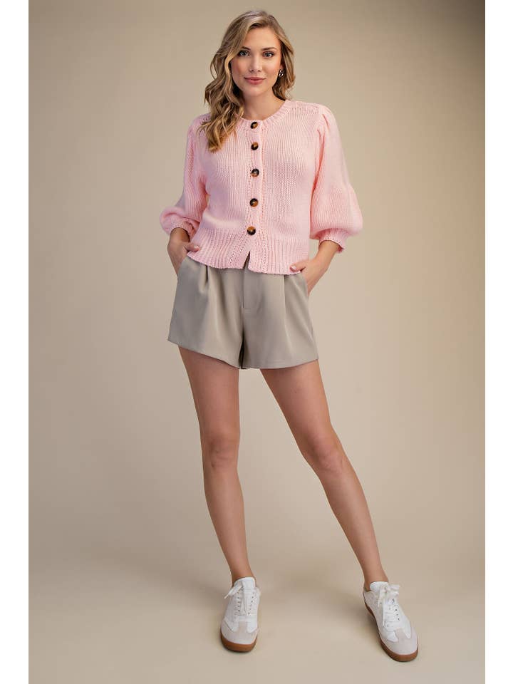 Glam - Wholesale Knit Sweater - Women's - Short Puff Sleeve Button Down Sweater - Reorder Friendly24