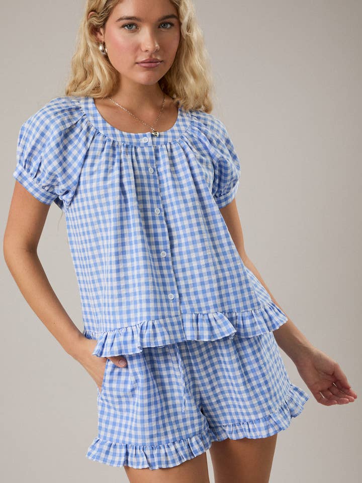 SHORT PUFF SLEEVE GINGHAM TOP for wholesale by LE LIS