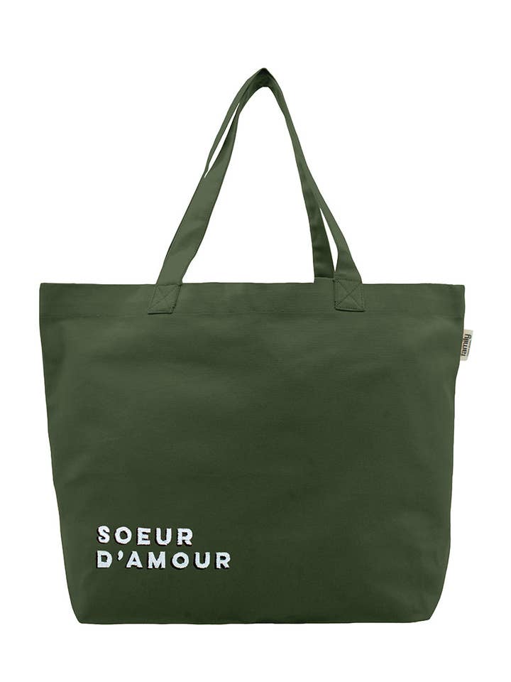 Geborduurde boodschappentas ZUS VAN LIEFDE olijfkleurig voor wholesale door Family Impact Stories