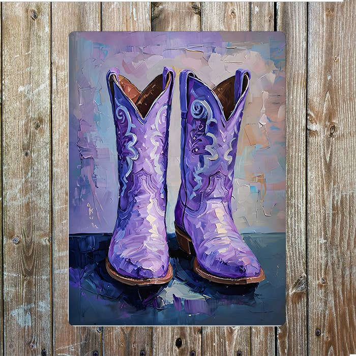 Lavender Boots Painting Cowboy Western Metal Sign Plaque for wholesale by The British Metal Signs Company
