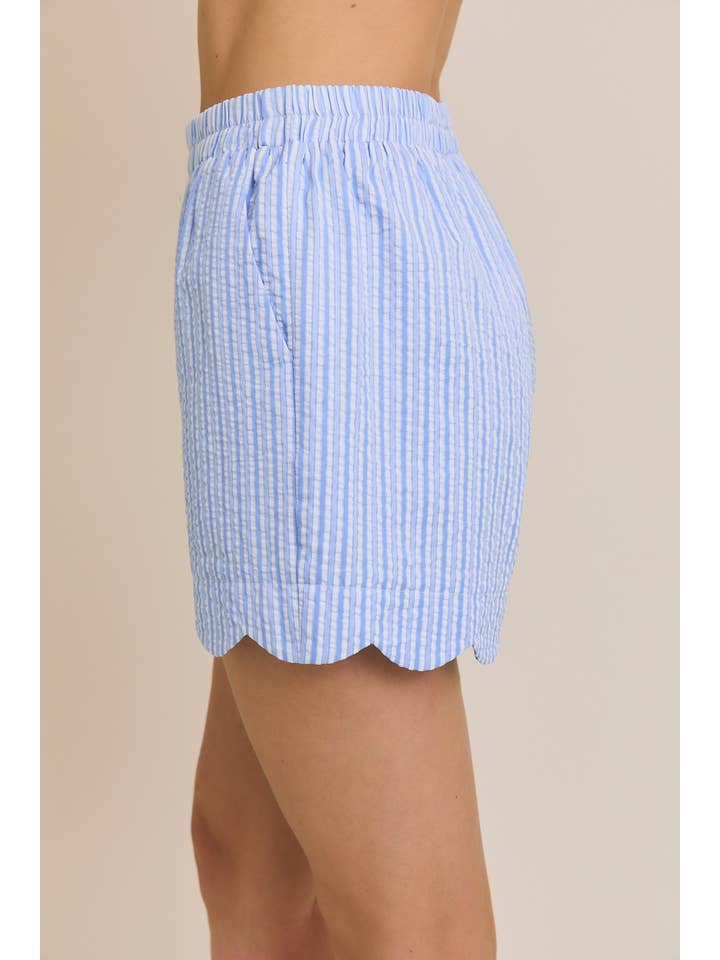 ROUND NECK SLEEVELESS SCALLOP HEM STRIPE TOP & SHORTS for wholesale on Faire