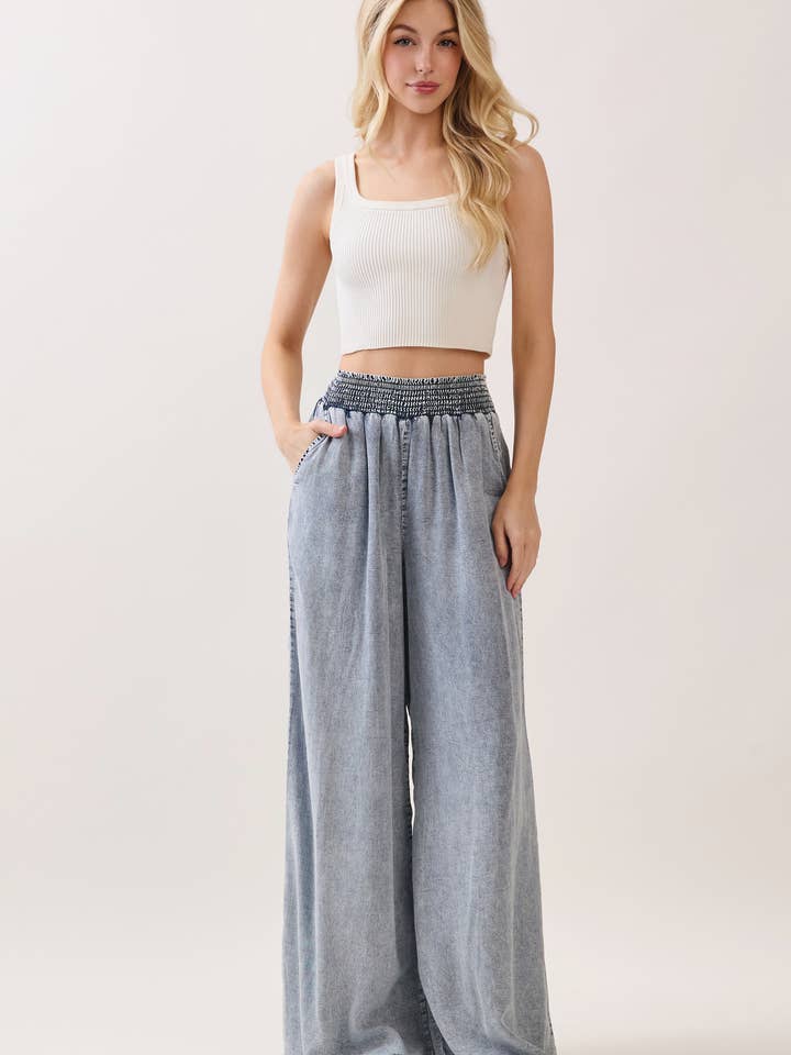 TENCEL WAIST SMOCKING BAND WIDE LEG PANTS - VP3437A for wholesale by Final Touch