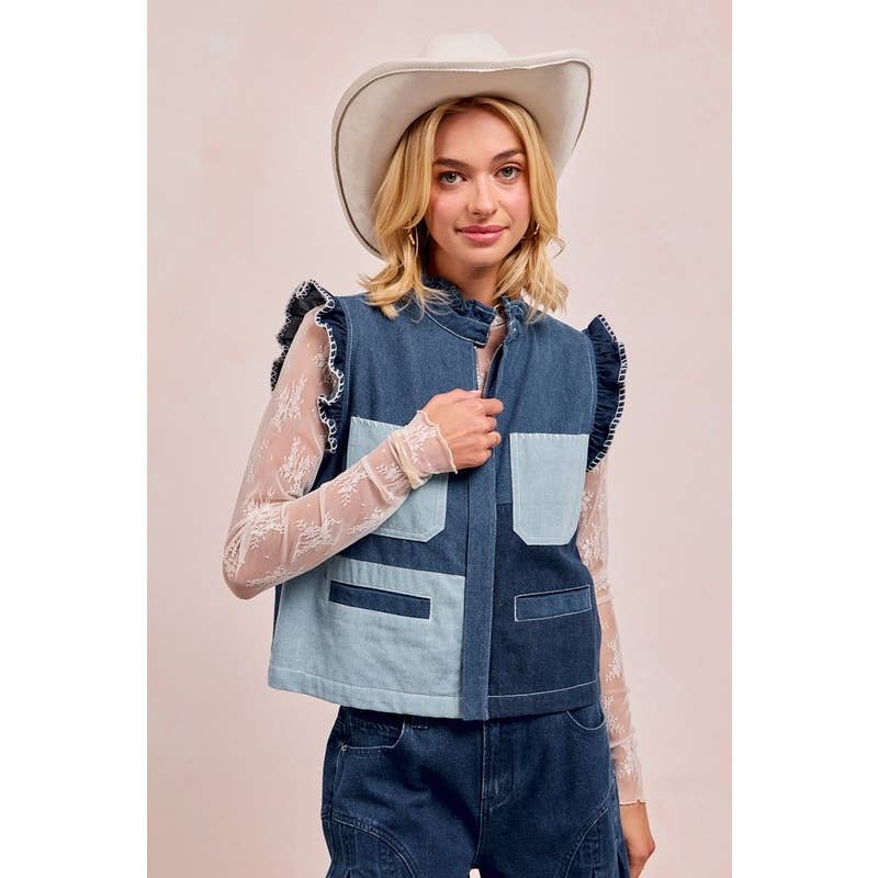 Washed Denim Vest With Block And Shirring Details for wholesale on Faire0
