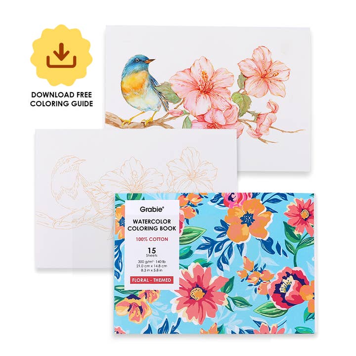 Grabie - Wholesale Coloring Book - Adult - Grabie 15 Sheets 140LB Floral-Themed Watercolor Coloring Book