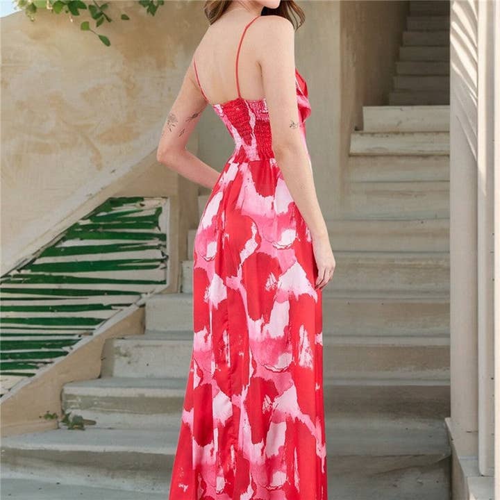 UZ Wholesale Store - Wholesale Dress - Women's - V-Neck Halter Printed Maxi Dress With Cinched Waist
