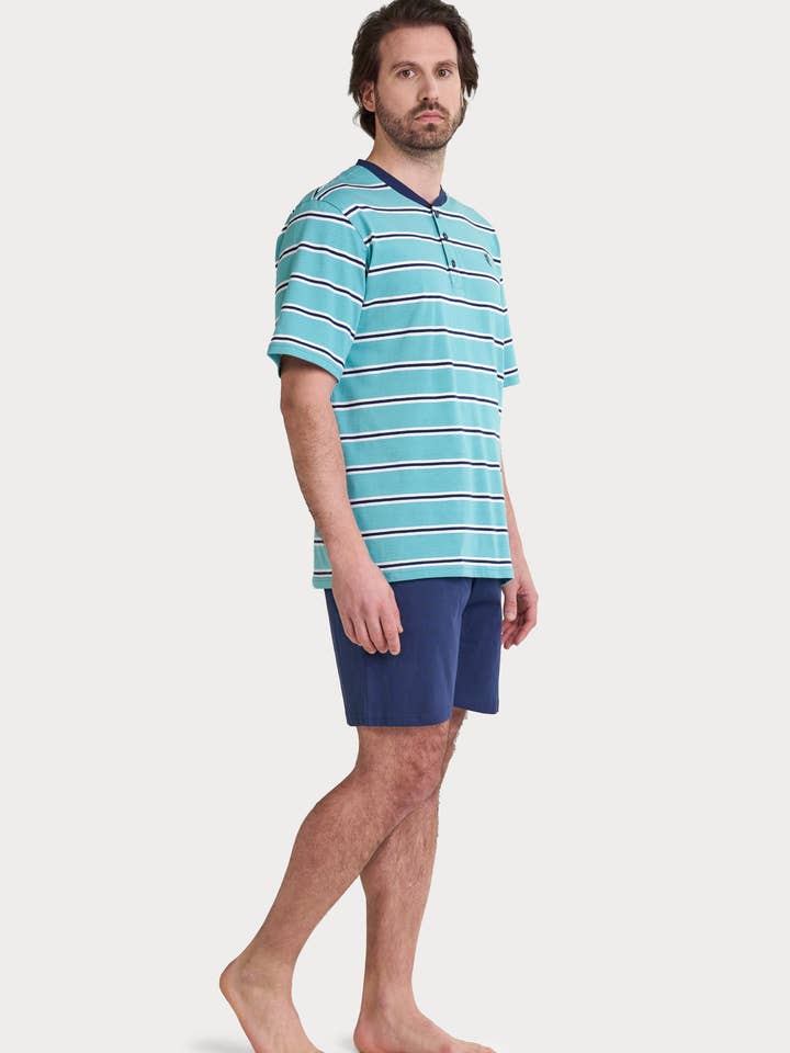 Blue Men's Summer Short Cotton Knit Pajamas - Green 3039 for wholesale on Faire1