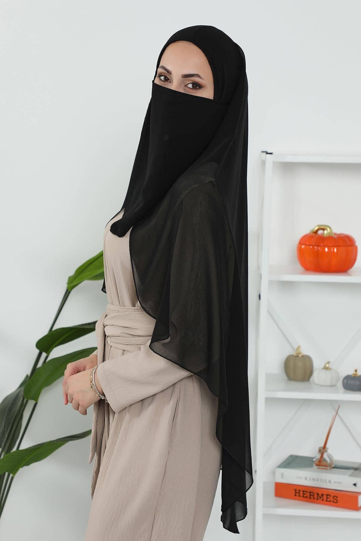 Black Veil with Attached Chiffon Shawl, One-Piece Instant Niqab Hijab Scarf, Lightweight Modest Face and Head Covering,PC-1 for wholesale on Faire5