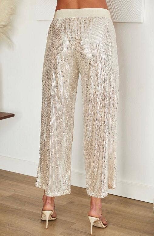 Beige GLITTER ELASTIC WAIST BAND SEQUIN PANT (01330) for wholesale on Faire2