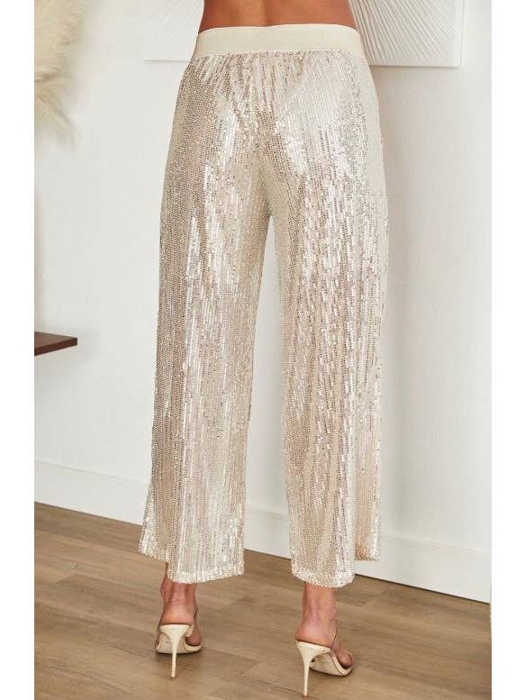 Beige GLITTER ELASTIC WAIST BAND SEQUIN PANT (01330) for wholesale on Faire2