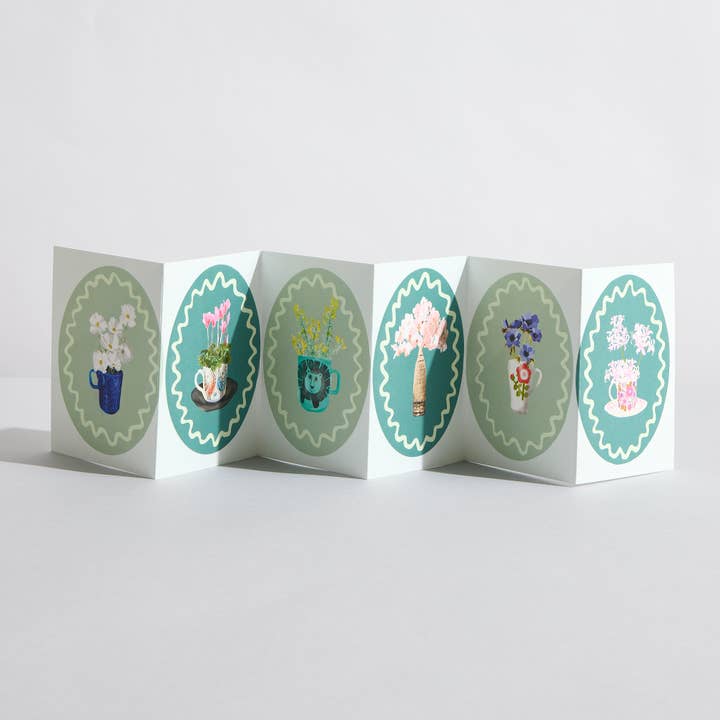 Carta a fisarmonica floreale botanica in sfumature di verde per la vendita all'ingrosso da parte di Sara Sayer