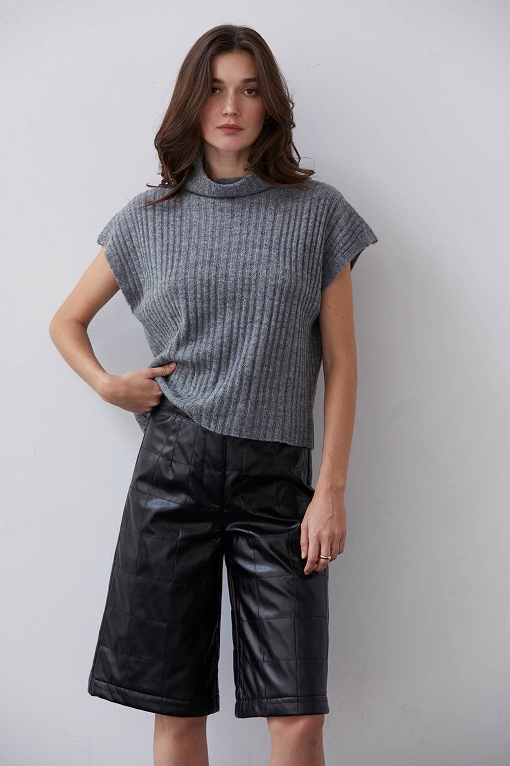 BLACK CP8184 - Amanda Vegan Pu Leather Bermuda Quilted Shorts for wholesale on Faire5