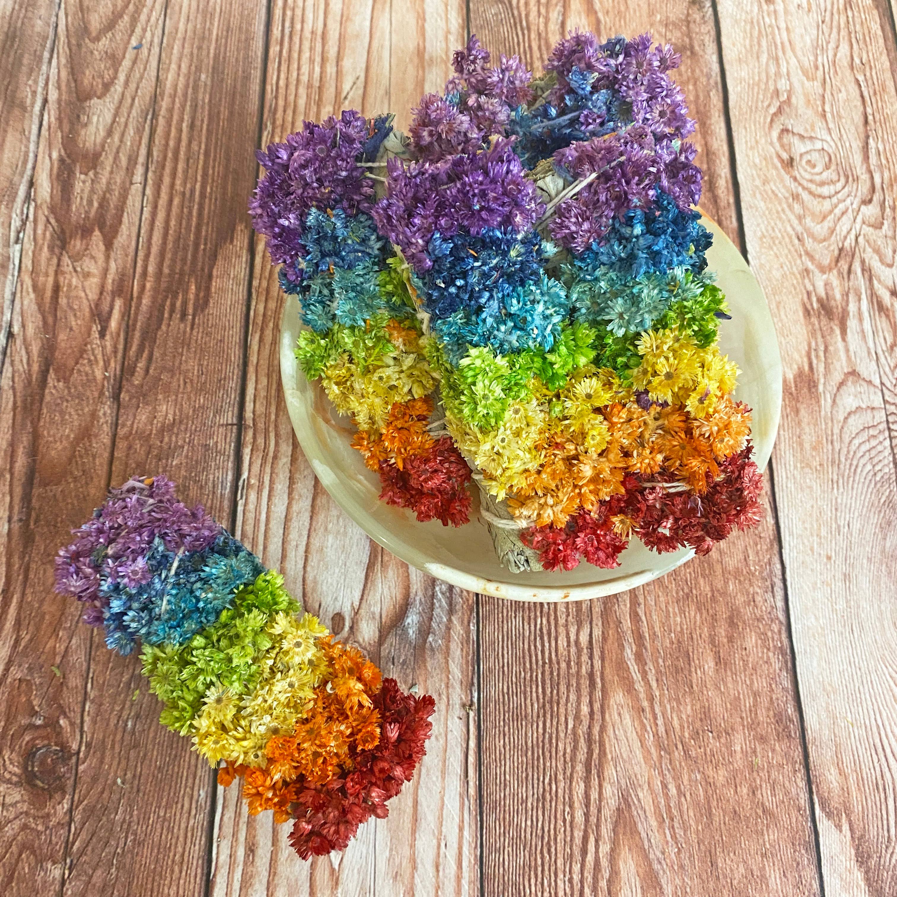 Oakwind Hollow - Wholesale Smudge Stick - Rainbow Chakra Mullein Floral Smudge Stick2