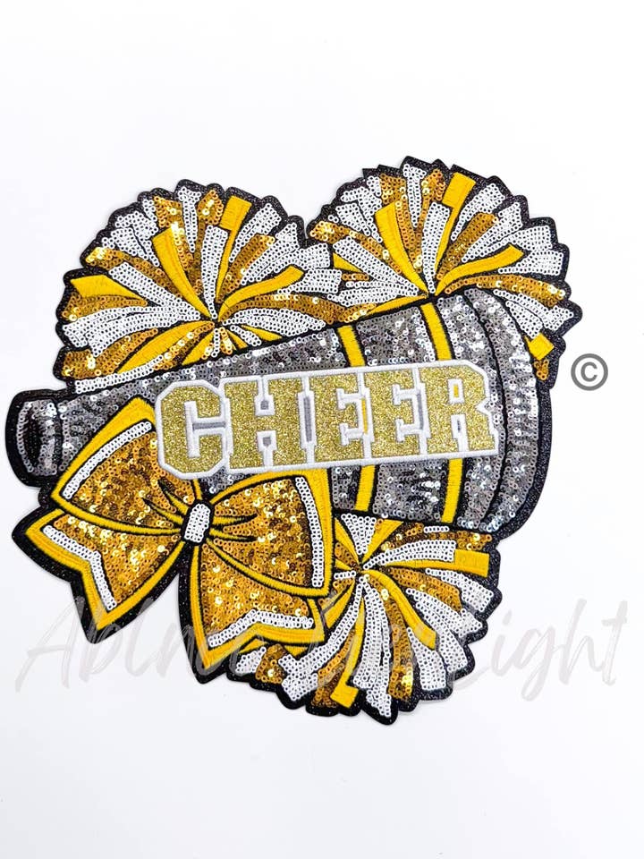 Gold Cheer Bow Megaphone Poms Sequin Patch for wholesale by ABLNco