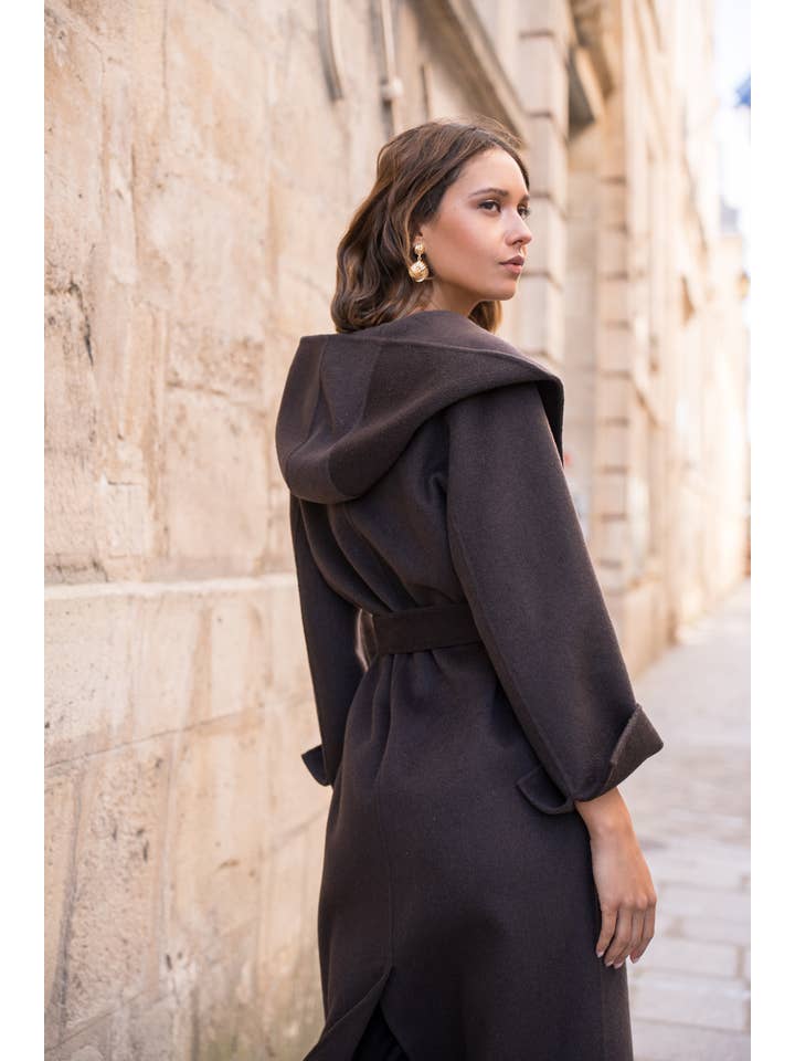 Attentif Paris - Wholesale Coat - Women's - Hand-sewn long wool coat with large hood and belt14