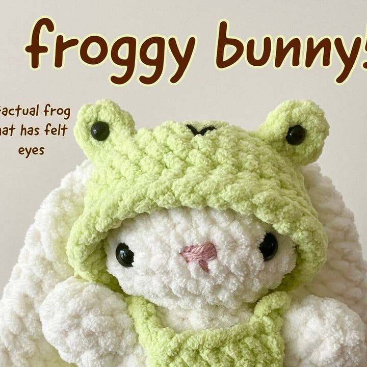 Crochet Bunny with Frog Overalls Plushie for wholesale by Qutie Pie Designs