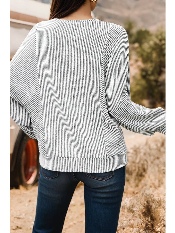 Gray Fashion-W Ribbed Knit Round Neck Long Lantern Sleeve Top for wholesale on Faire1