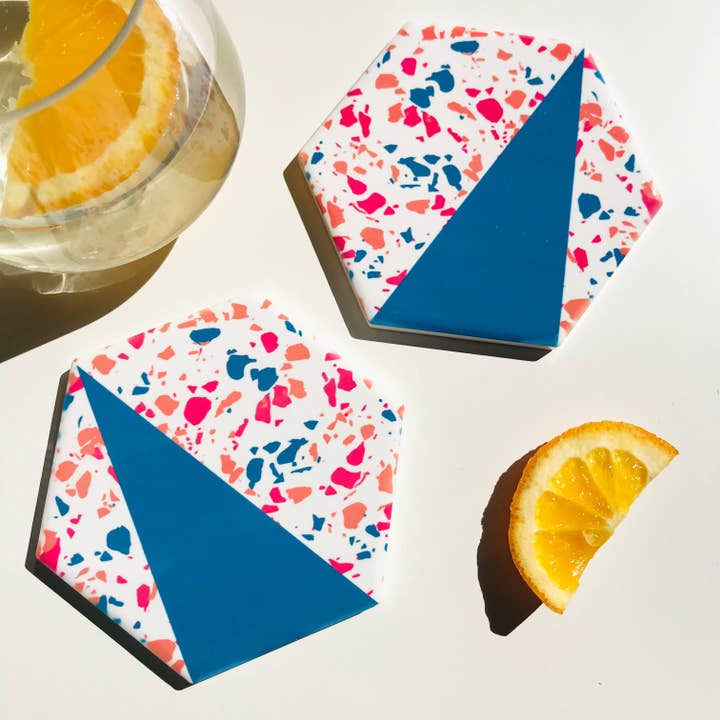 Teal Orange Pink Terrazzo Style Hexagon Coasters for wholesale by The Abstract Bee