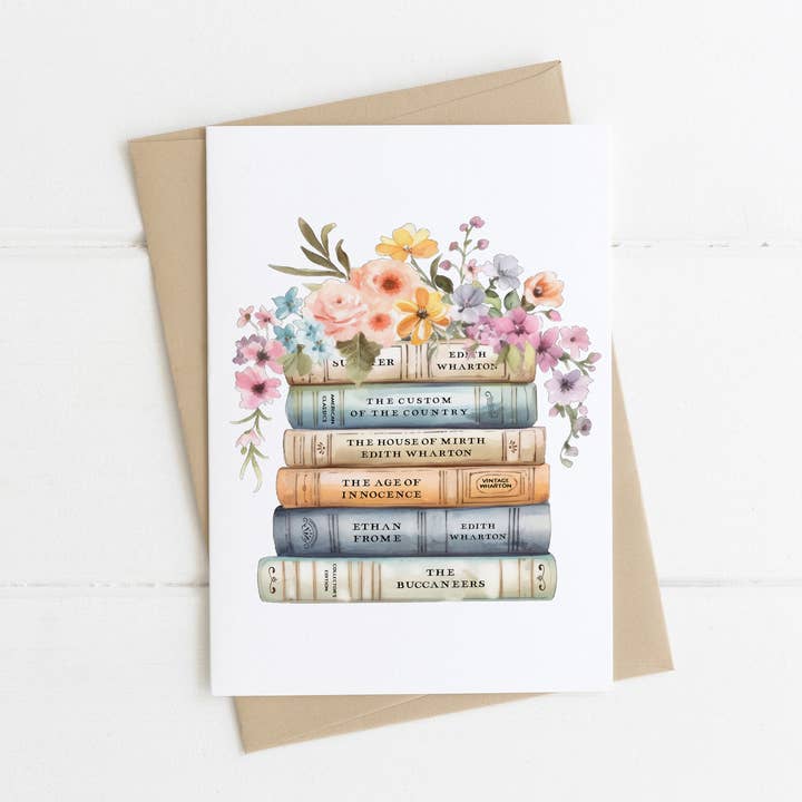 Edith Wharton Book Stack Card for wholesale by Quote and Quill
