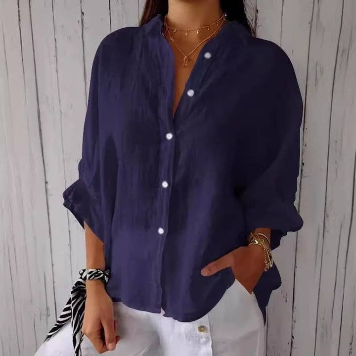 UZ Wholesale Store - Wholesale Button Down Shirt - Women's - Relaxed Fit Solid Color Back Strap Blouse