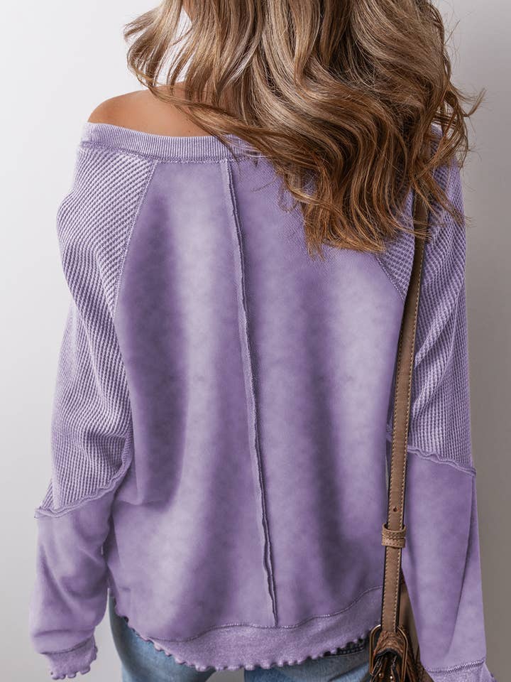 Suhkasana - Wholesale Sweatshirt - Women's - Solid Waffle Knit Patchwork Raglan Sleeve Sweatshirt
