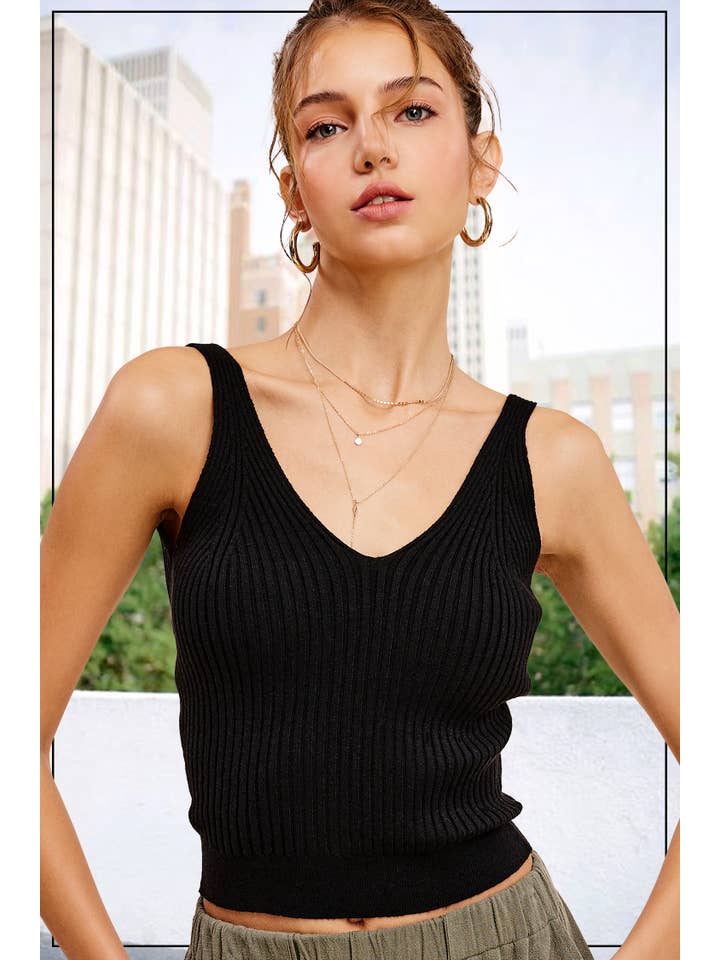 La Miel - Vendita all'ingrosso Top in maglia - Donna - Top crop senza maniche a costine con scollo a V morbido17