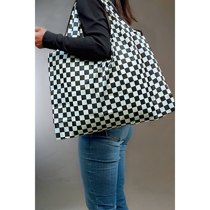 Black Checkered Print Large Capacity Canvas Shoulder Bag for wholesale on Faire