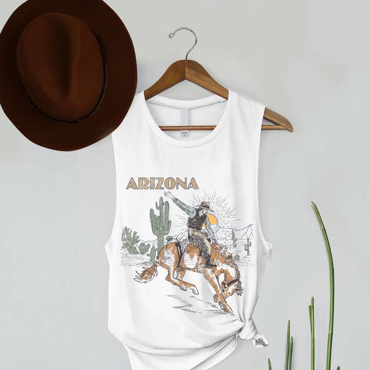 Canotta da donna con grafica di cavallo, cactus e "Arizona" Cowboy per la vendita all'ingrosso da parte di PINK NABI