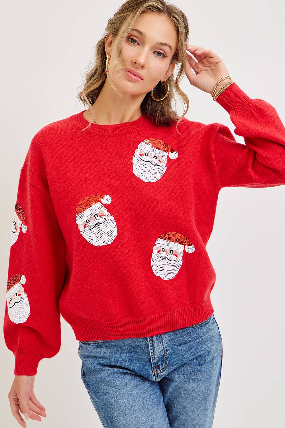 Red FESTIVE CHRISTMAS HOLIDAY SANTA SEQUIN SWEATER for wholesale on Faire5