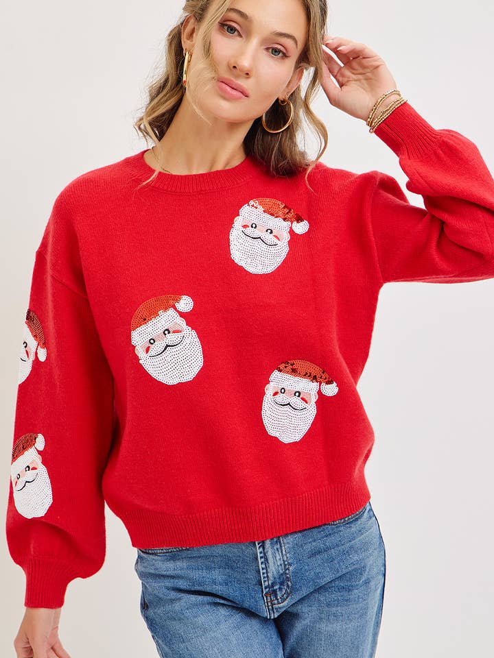 Red FESTIVE CHRISTMAS HOLIDAY SANTA SEQUIN SWEATER for wholesale on Faire5