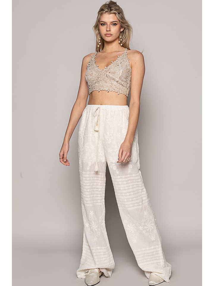 NATURAL Elastic waistband straight corchet pants for wholesale on Faire