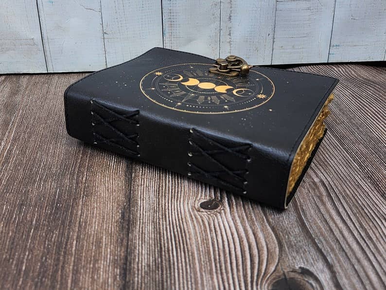Jay mataji Handicrafts - Wholesale Dagboek/agenda - Grimoire notitieboek met maanfaseprint, zwart leren journal5