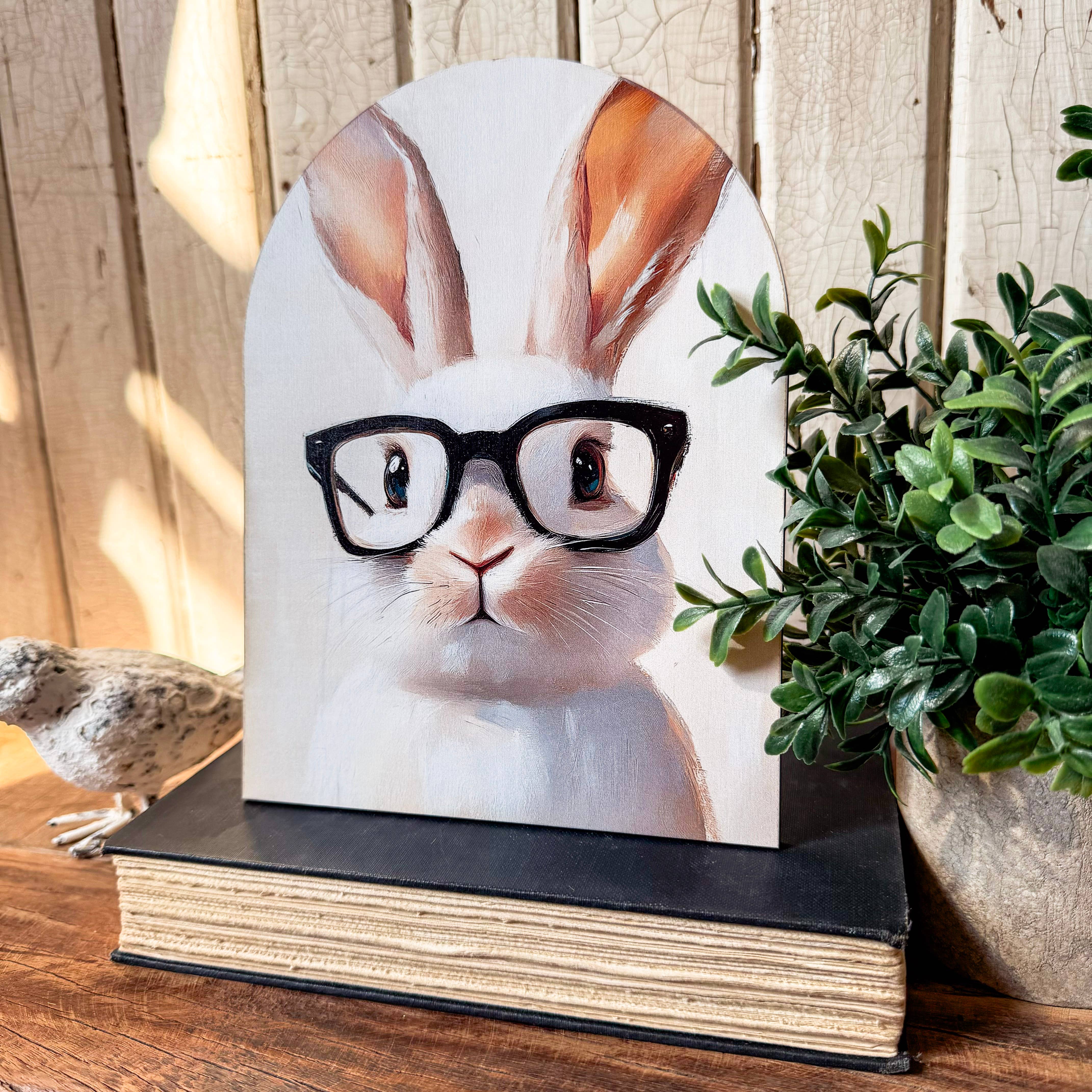 WillowBee Signs & Designs - Wholesale Sign - Bunny with Glasses Arched Wood Sign Shelf Sitter1
