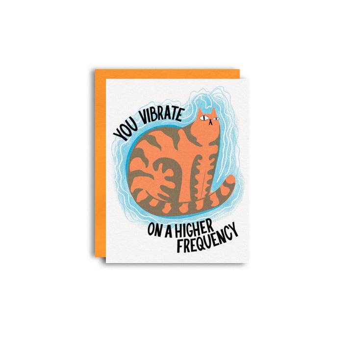 Carte de vœux Risograph Chat d'Amitié Vibrations Supérieures pour la vente par Pier Six Press