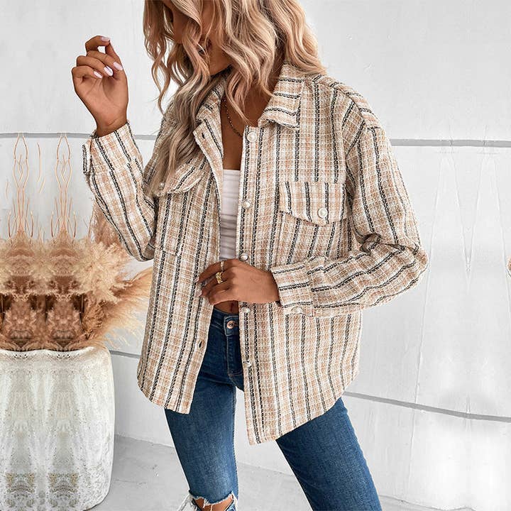 Khaki Little Fragrance Jacket Vintage Plaid Cardigan for wholesale on Faire1