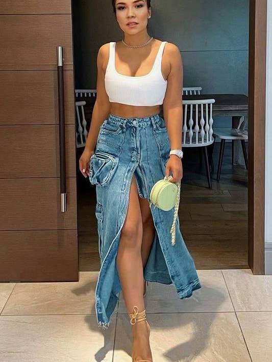saia longa cargo denim por atacado de Fashion Combination