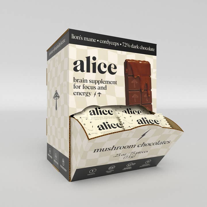 Alice Mushrooms - Wholesale Chocolate Bar - Brainstorm Singles — mushroom chocolates for focus
