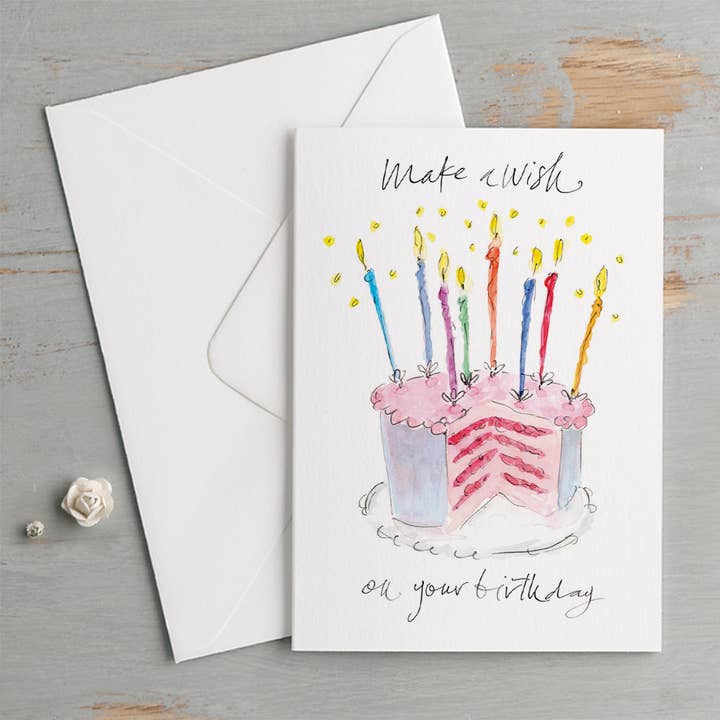 'Make A Wish On Your Birthday' Vintage Cake & Candles Birthday Card for wholesale by Gabrielle Solly Illustration