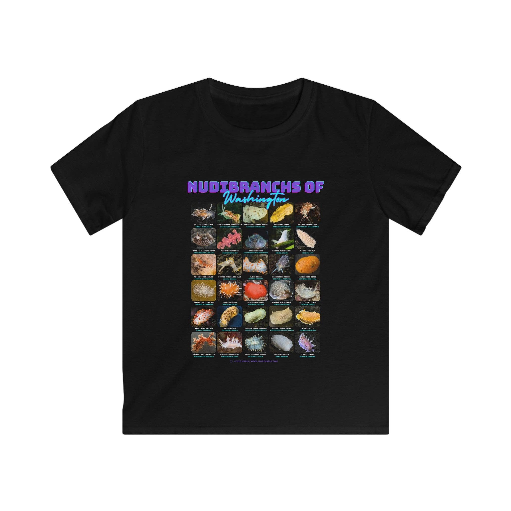 I LOVE NUDIS - Wholesale Screen Printed T-Shirt - Kids - I LOVE NUDIS™ Nudibranchs of Washington Black Kids Softstyle Tee with Photos & Common/Scientific Names9