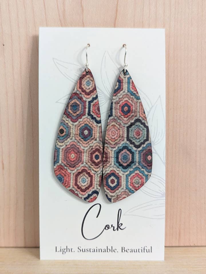 Embroidered Hexagons Cork Earrings - Large Wing for wholesale by Hello Lovely Cork Co.