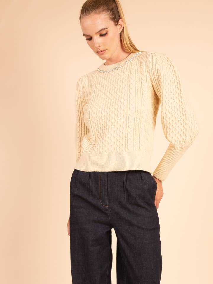 Heyson - Wholesale Knit Sweater - Women's - OSW1011 Pearl Accent Cable Knit Sweater