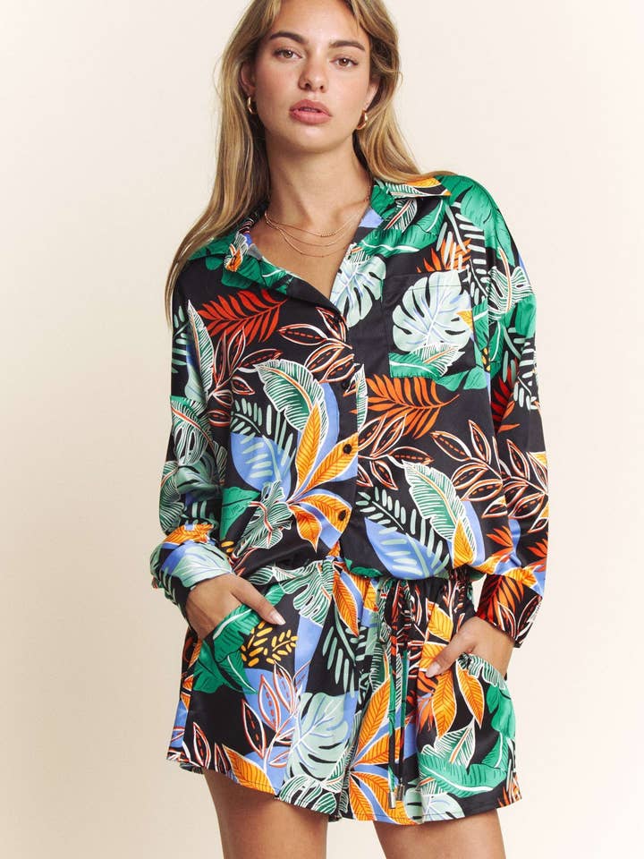 BUTTER SATIN BUTTON DOWN SHIRT AND SHORTS SET for wholesale by Hers & Mine