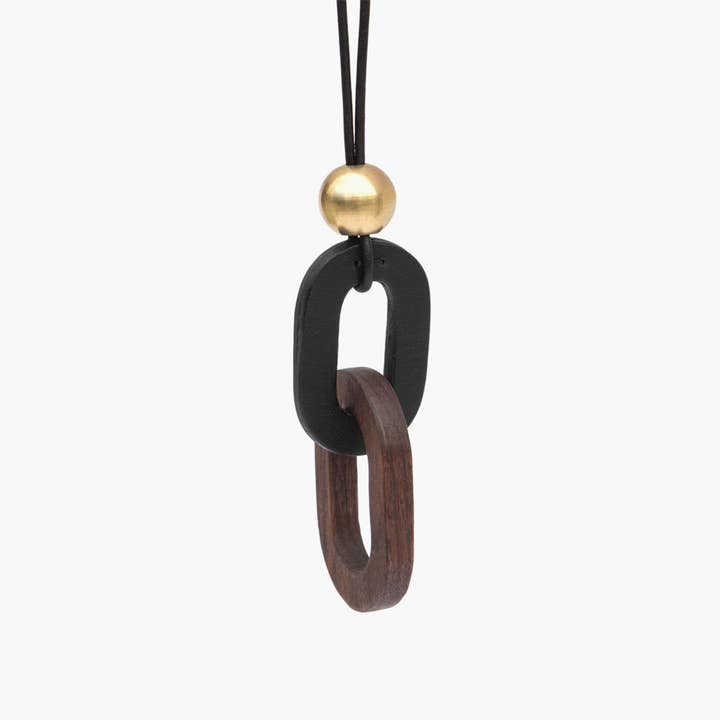 Leather + Walnut + Brass Link Necklace for wholesale by Sylvan Park